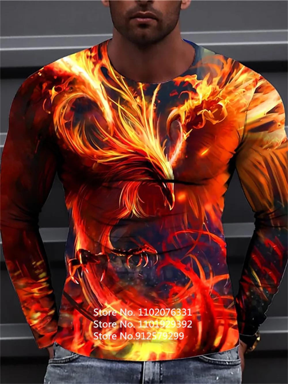 2023 남성 셔츠 라운드 넥 파이어 피닉스 3D 프린팅 긴 소매 티셔츠 패션 동물 새 트렌드 힙합 티